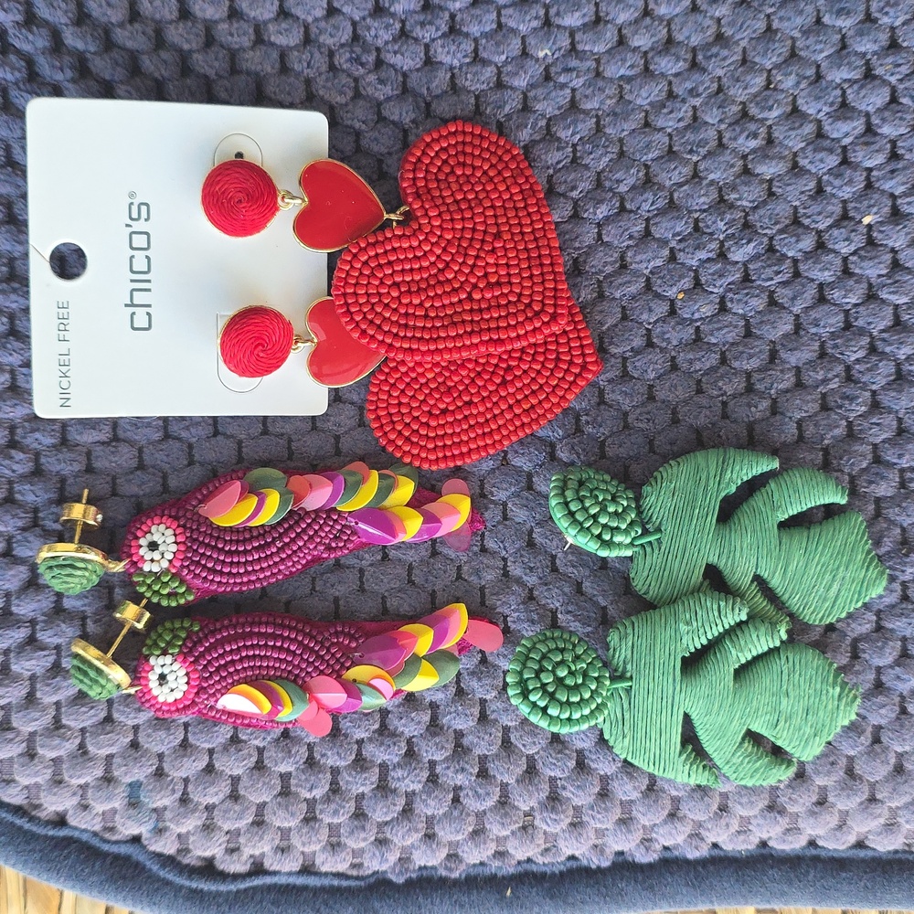 Chico's  Beaded Red Heart, Purple Parrot and Green Palm Leaf  Earring Sets